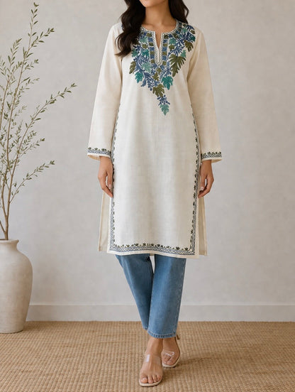 Cream Color Summer Short Kurta with blue multicolor embroidery