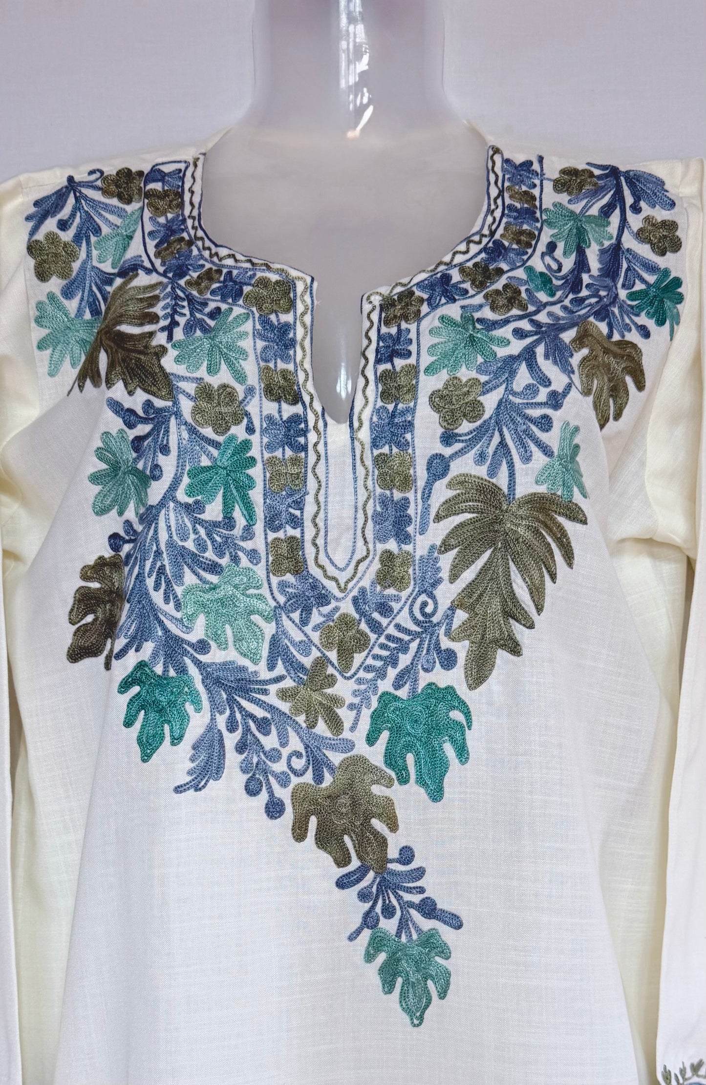 Cream Color Summer Short Kurta with blue multicolor embroidery
