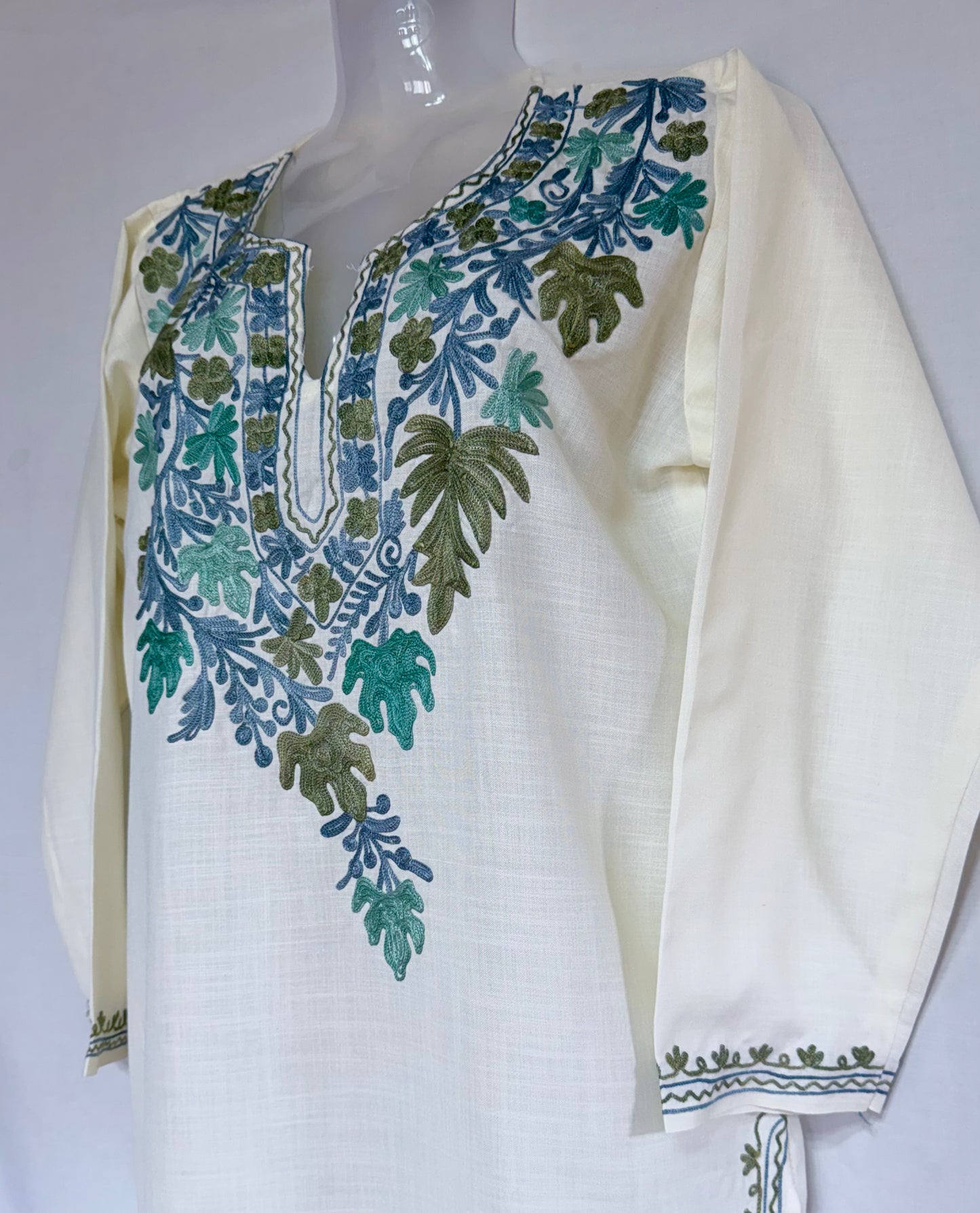 Cream Color Summer Short Kurta with blue multicolor embroidery