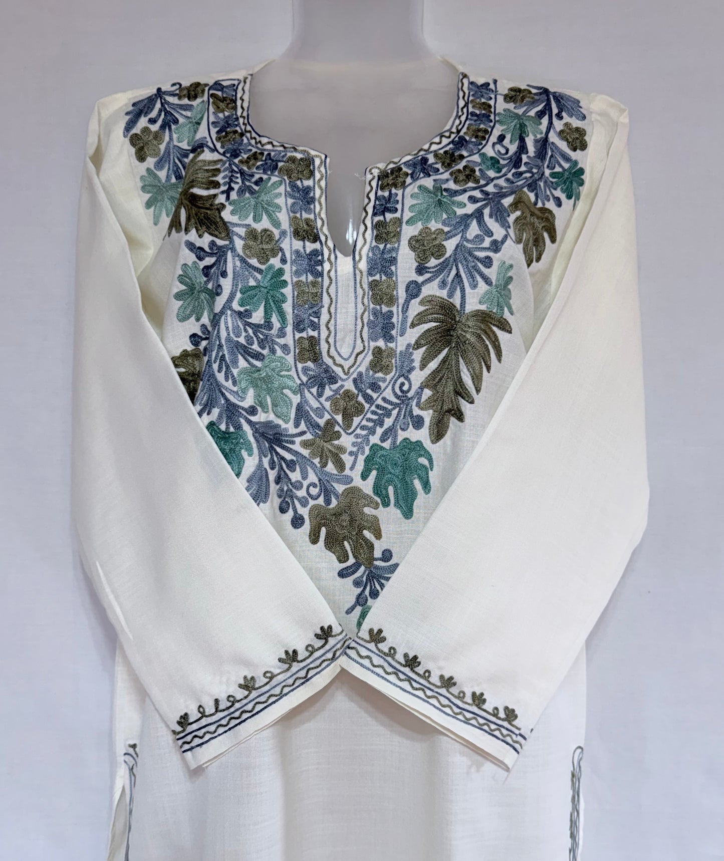 Cream Color Summer Short Kurta with blue multicolor embroidery