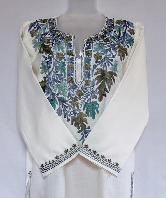 Cream Color Summer Short Kurta with blue multicolor embroidery