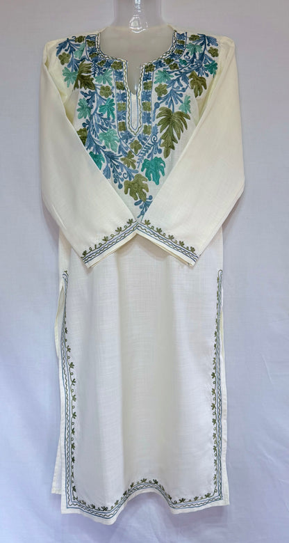 Cream Color Summer Short Kurta with blue multicolor embroidery