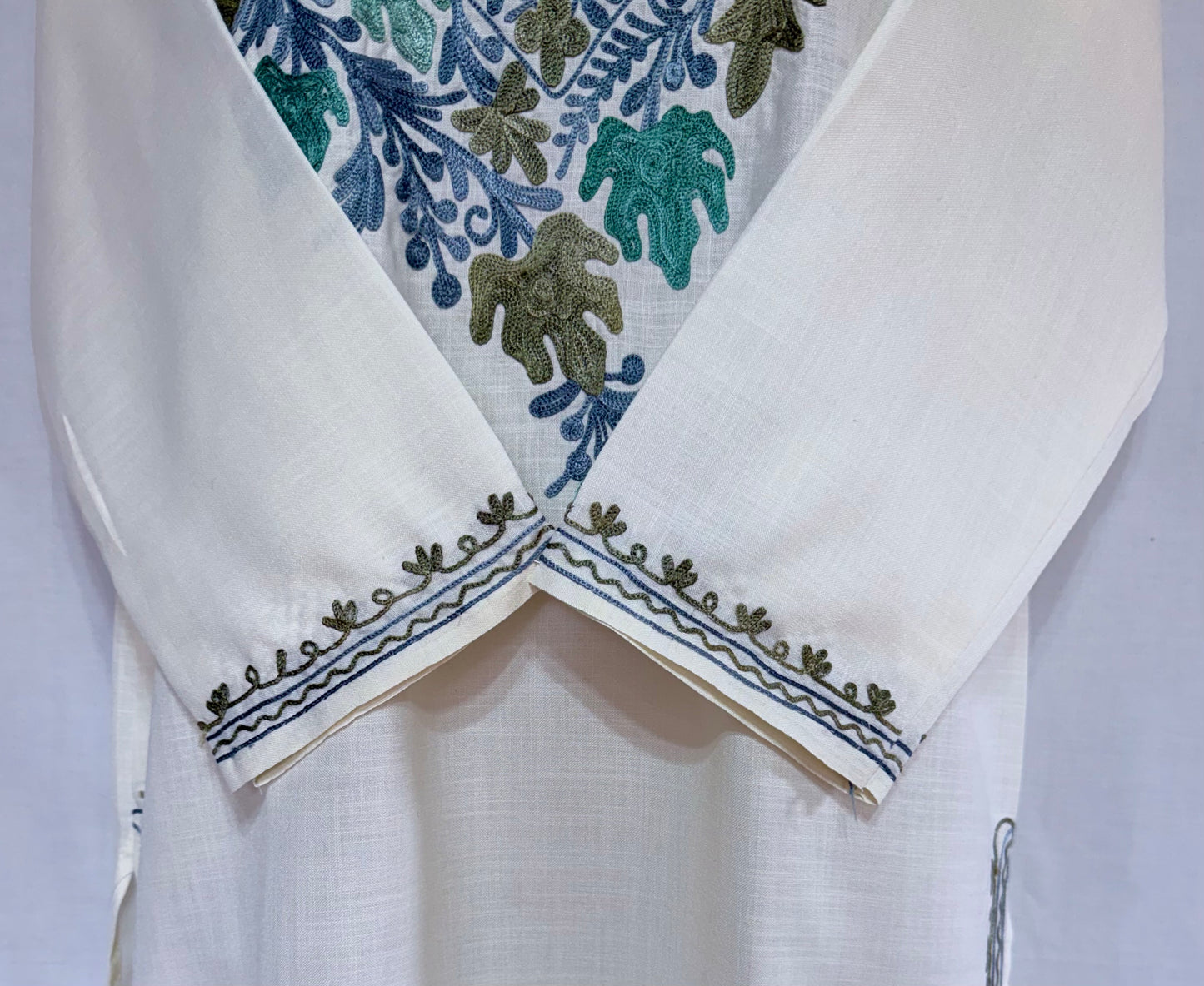 Cream Color Summer Short Kurta with blue multicolor embroidery