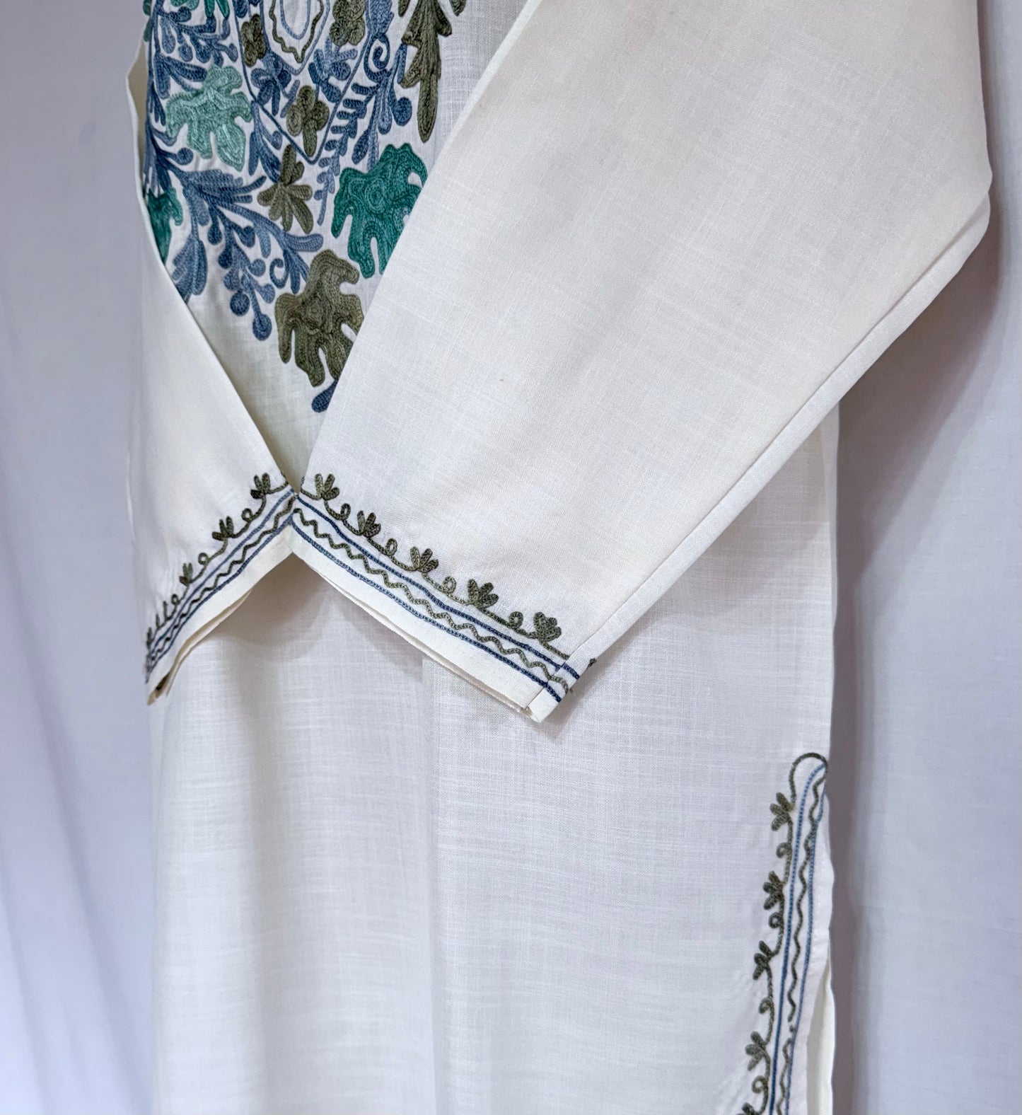 Cream Color Summer Short Kurta with blue multicolor embroidery