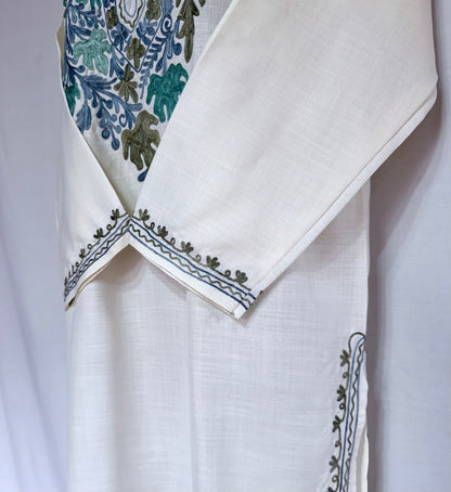 Cream Color Summer Short Kurta with blue multicolor embroidery